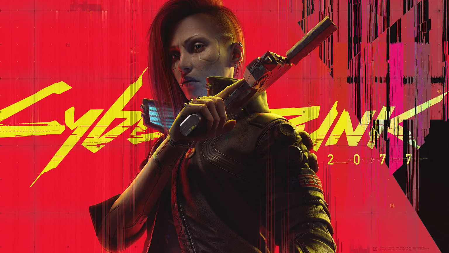 V sur le visuel officiel de Cyberpunk 2077, sur fond rouge et jaune