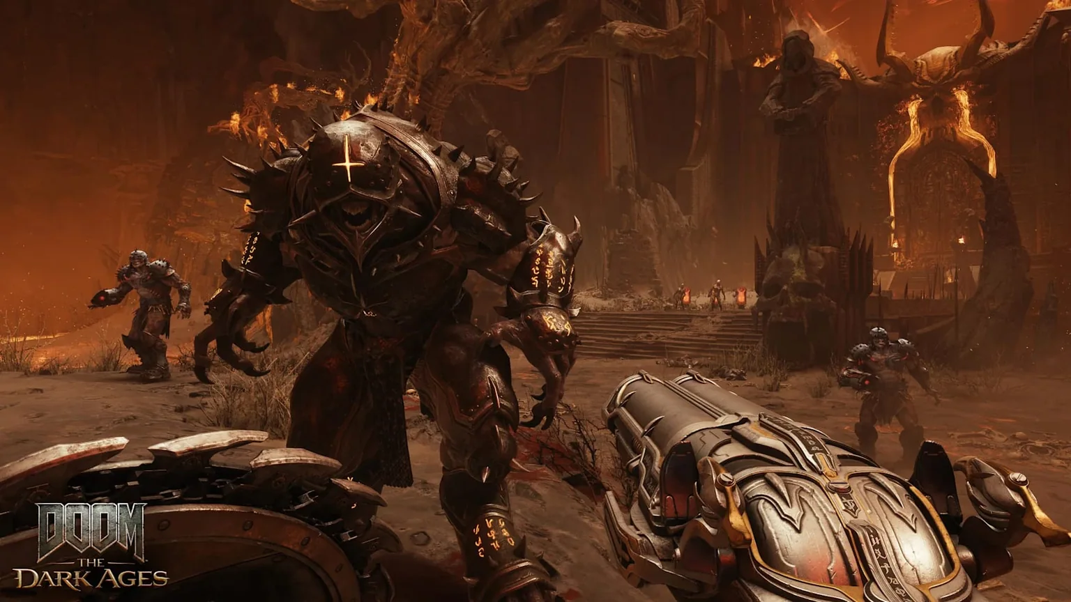 Le Slayer fait face à un démon avec son bouclier et son arme dans DOOM The Dark Ages