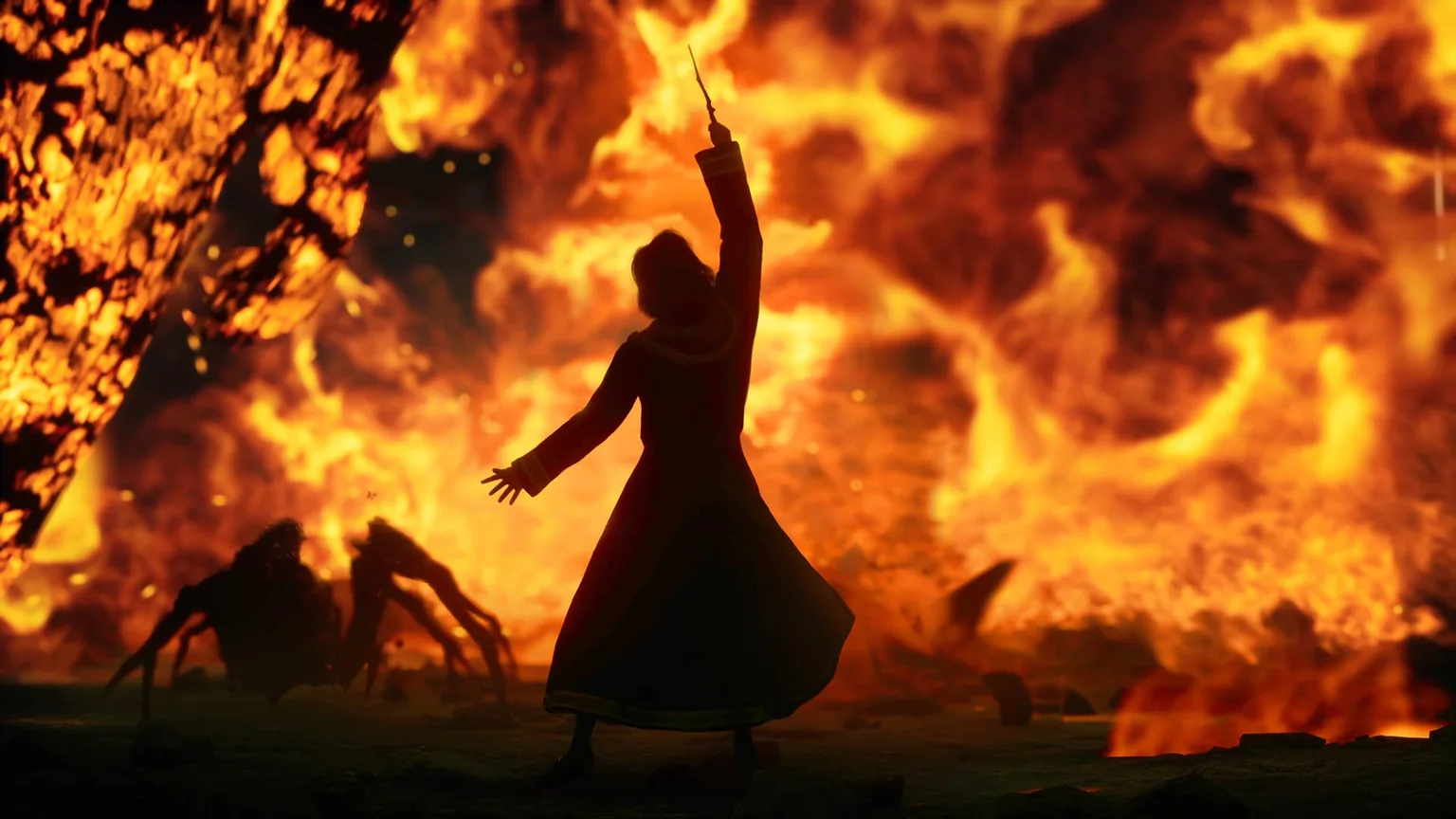 Un élève brandit sa baguette devant des flammes dans Hogwarts Legacy