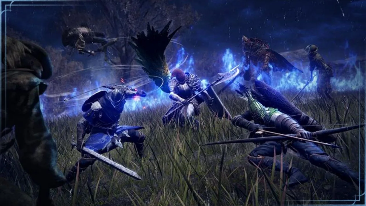 Plusieurs combattants affrontent une menace sous une lumière bleue dans Nightreign