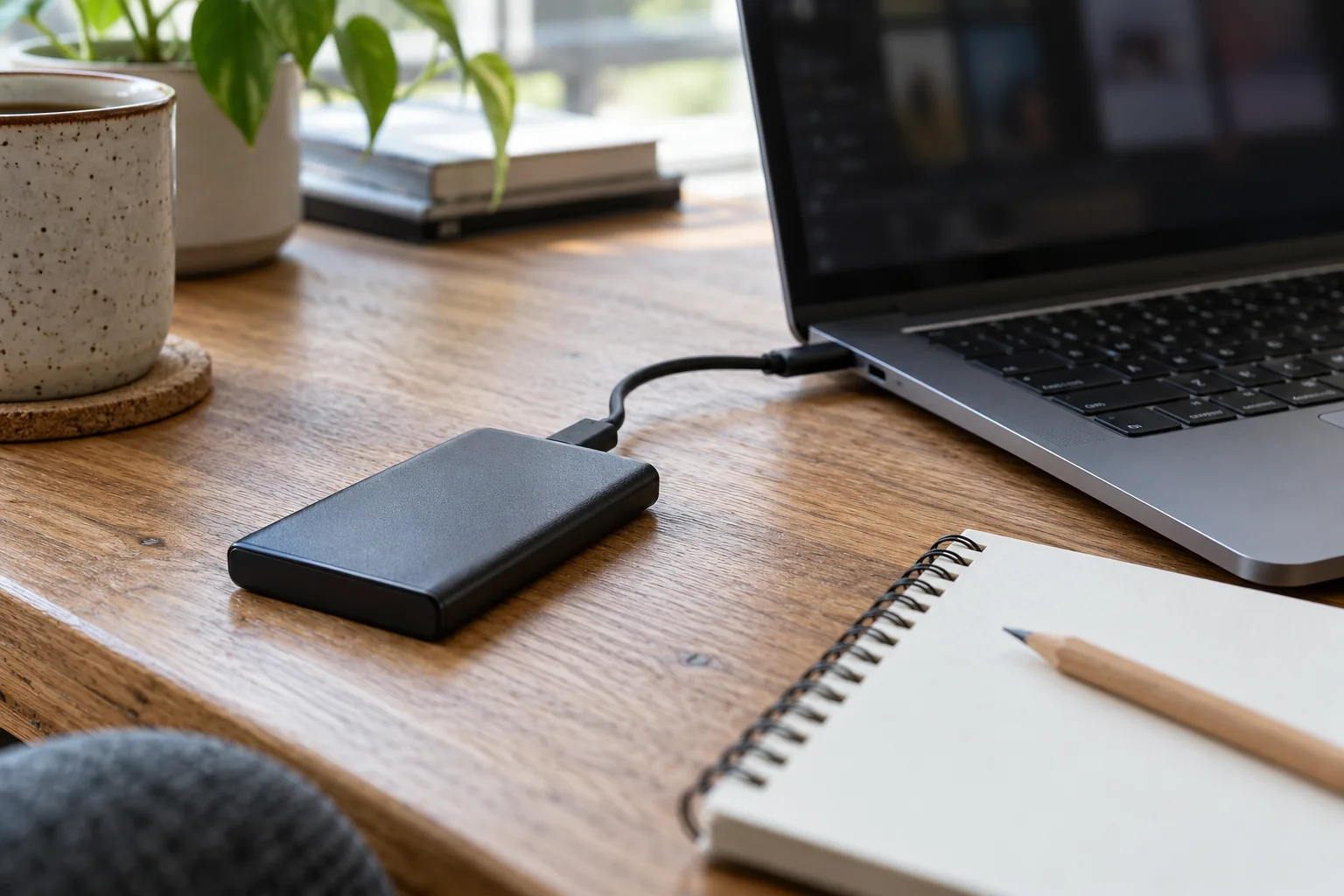 Un disque de sauvegarde relié à un ordinateur portable
