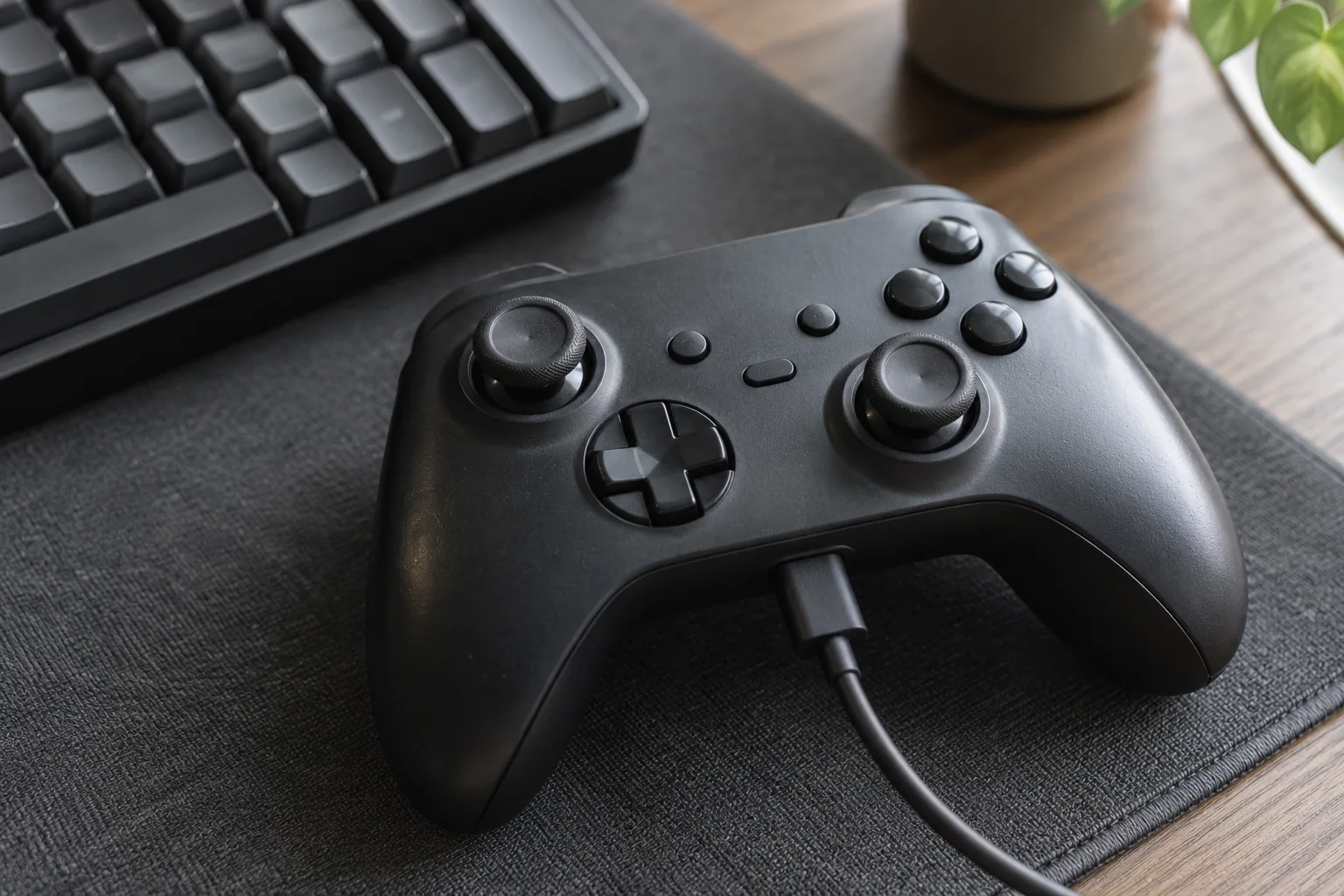 Une manette générique reliée par câble près d’un clavier