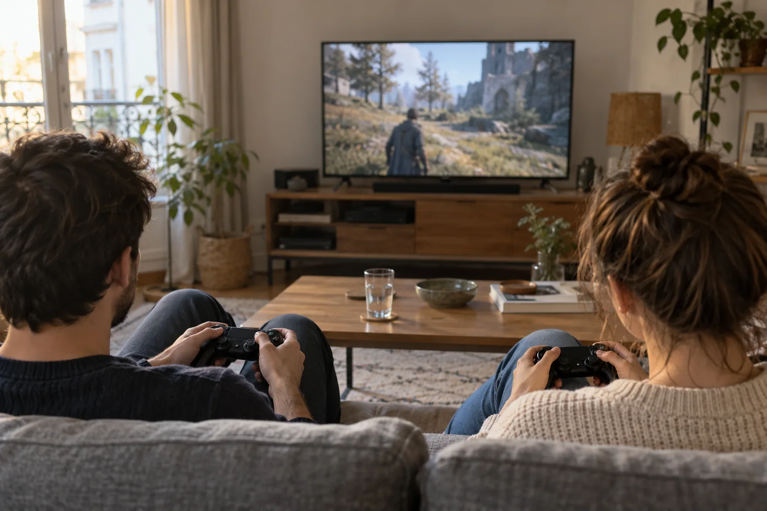 Deux joueurs partagent une session de jeu dans un salon