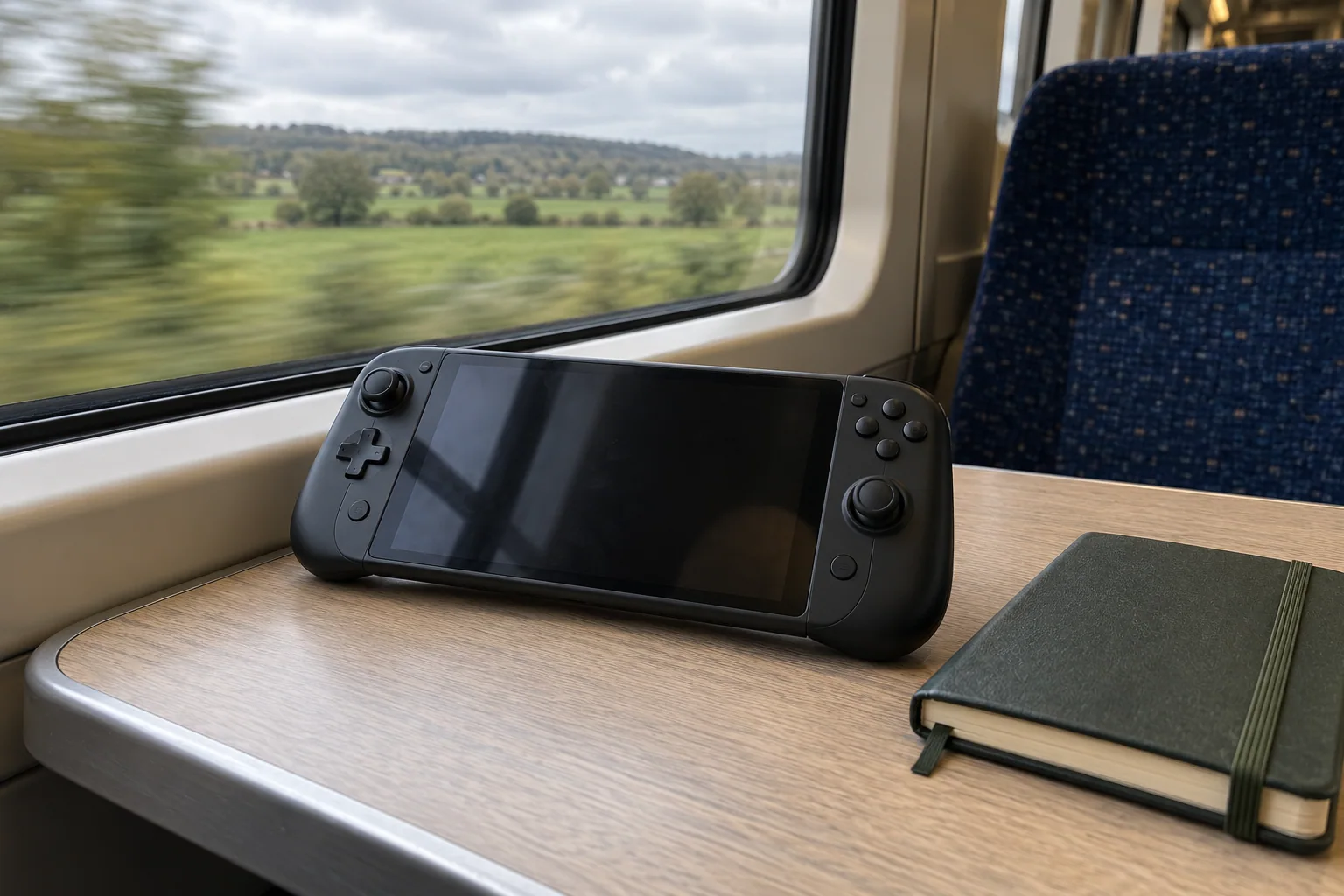 Une console portable générique posée sur une tablette de train