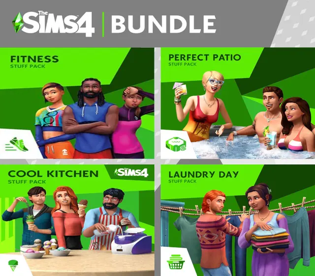 The Sims 4 - Fitness + Cool Kitchen + Laundry Day + Perfect Patio Stuff DLC Bundle — EA app, Standard