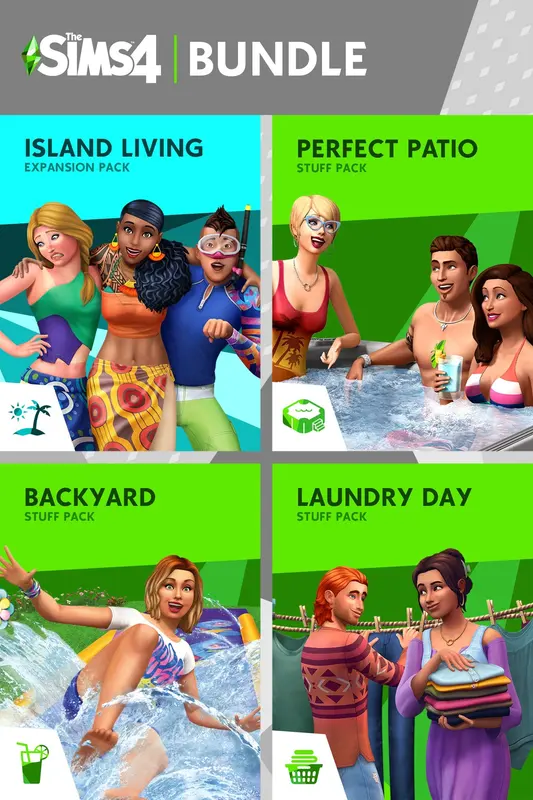 The Sims™ 4 Fun Outside Bundle – Island Living, Perfect Patio Stuff, Backyard Stuff, Laundry Day Stuff (DLC) — Xbox Live (PC), Standard